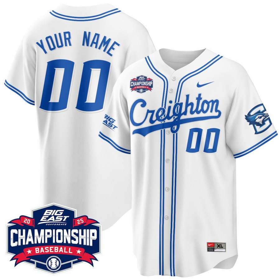 Creighton Bluejays Custom 2025 Big East Baseball Tournament Champions Stitched Jersey White