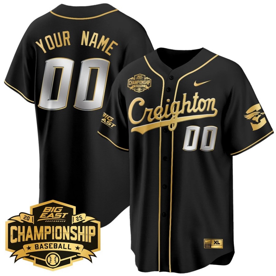 Creighton Bluejays Custom 2025 Big East Baseball Tournament Champions Stitched Jersey Black Gold