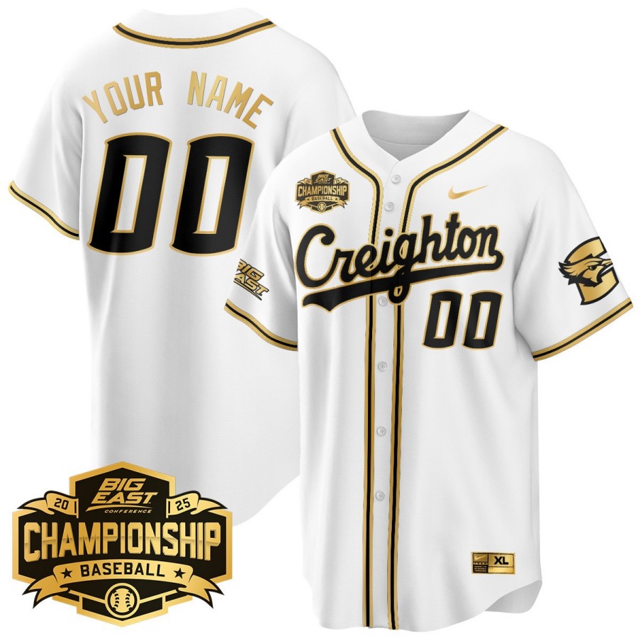 Creighton Bluejays Custom 2025 Big East Baseball Tournament Champions Stitched Jersey White Gold