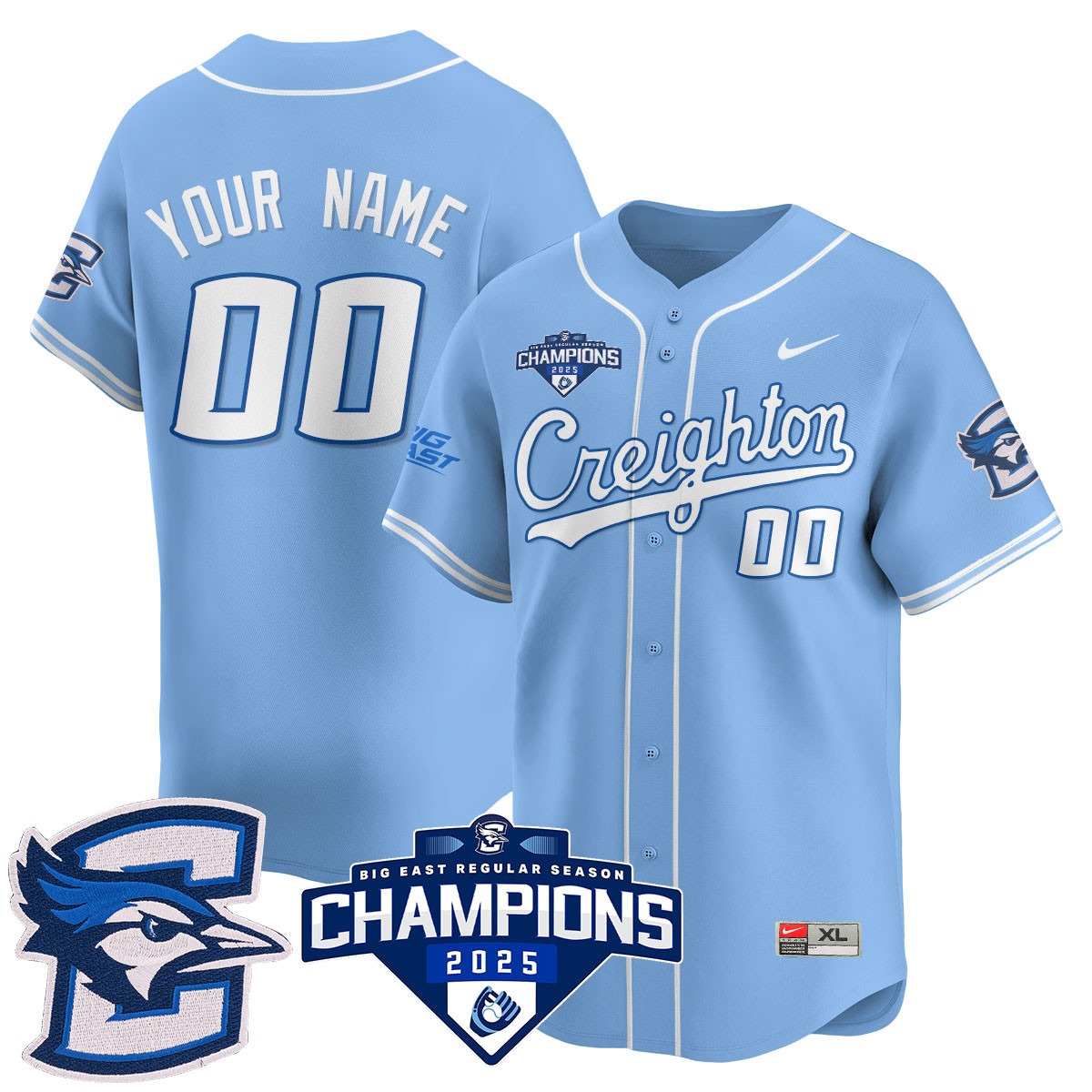 Creighton Bluejays Active Player Custom 2025 Big East Baseball Tournament Champions Stitched Jersey Blue