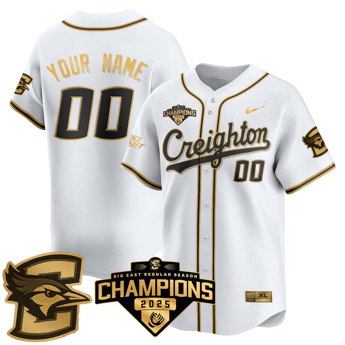 Creighton Bluejays Active Player Custom 2025 Big East Baseball Tournament Champions Stitched Jersey White Gold