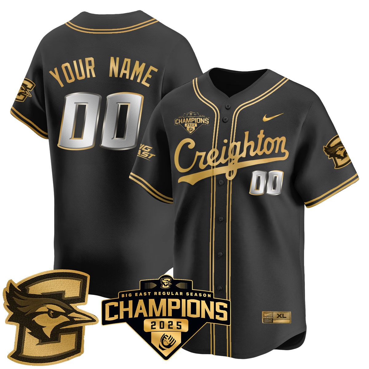 Creighton Bluejays Active Player Custom 2025 Big East Baseball Tournament Champions Stitched Jersey Black Gold