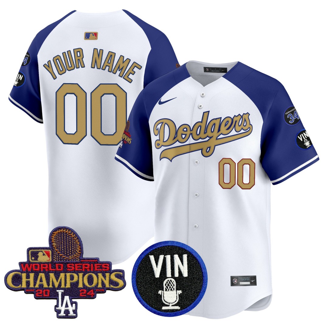 Dodgers Custom Alternate 2025 Vin Scully & #34 Fernando Patch Gold Vapor Premier Limited Jersey - All Stitched