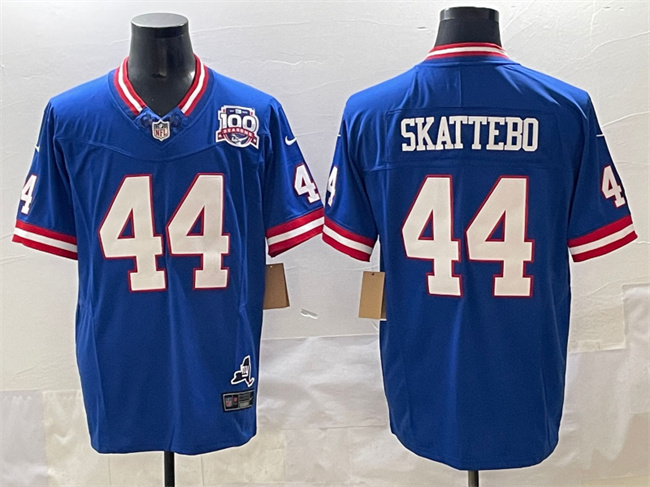 Men's New York Giants #44 Cam Skattebo Royal 2025 Draft F.U.S.E. 100th Season & State Patch Vapor Limited Classic Stitched Football Jersey