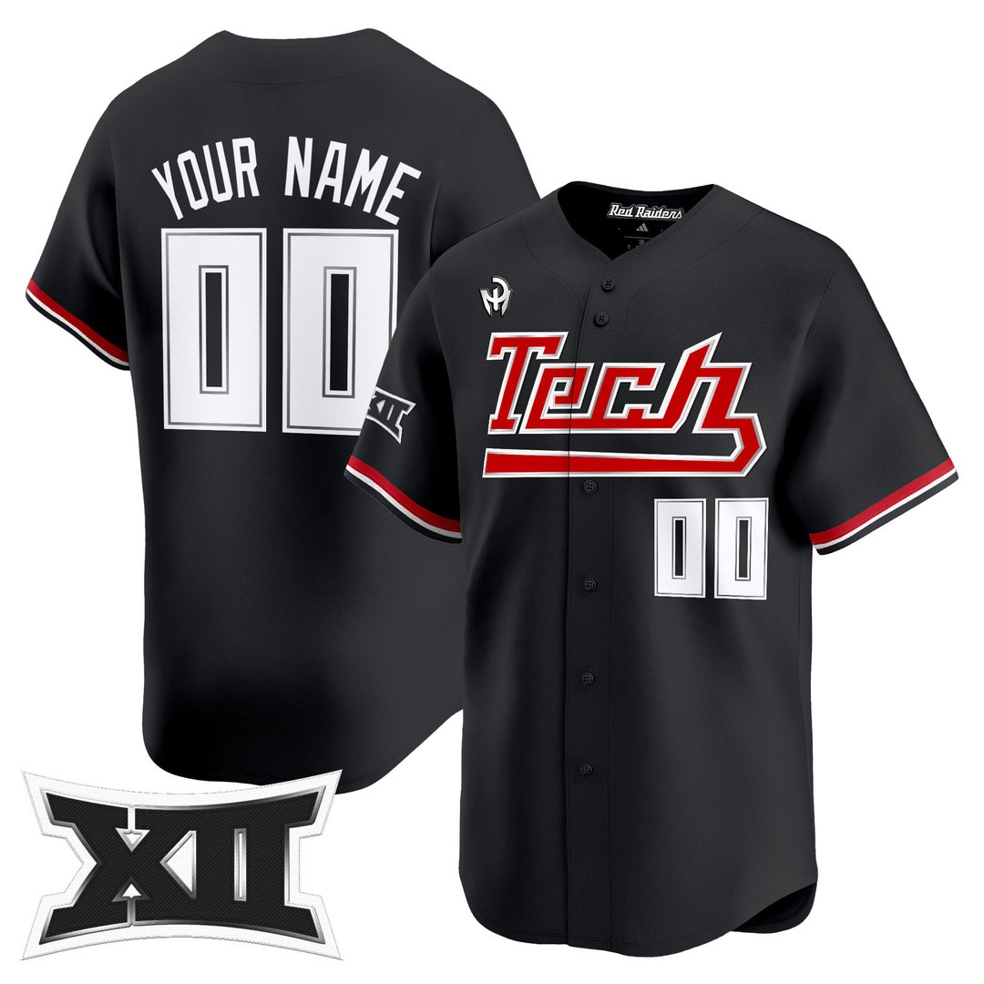 Texas Tech Red Raiders Custom Black 2025 Big 12 XII Patch Vapor Premier Limited Baseball Jersey - All Stitched Texas Tech Red Raiders Custom Black 2025 Big 12 XII Patch Vapor Premier Limited Baseball Jersey - All Stitched