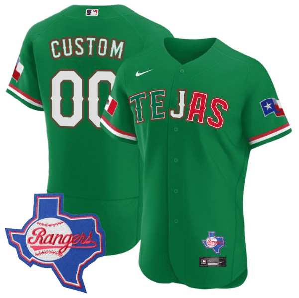 Custom Texas Rangers Special Mexico Edition Green Jersey - Texas State Patch