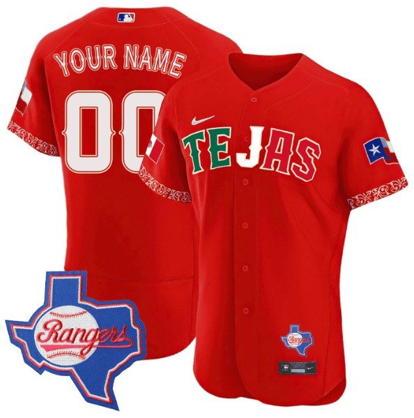 Custom Texas Rangers Special Mexico Edition Red Jersey - Texas State Patch