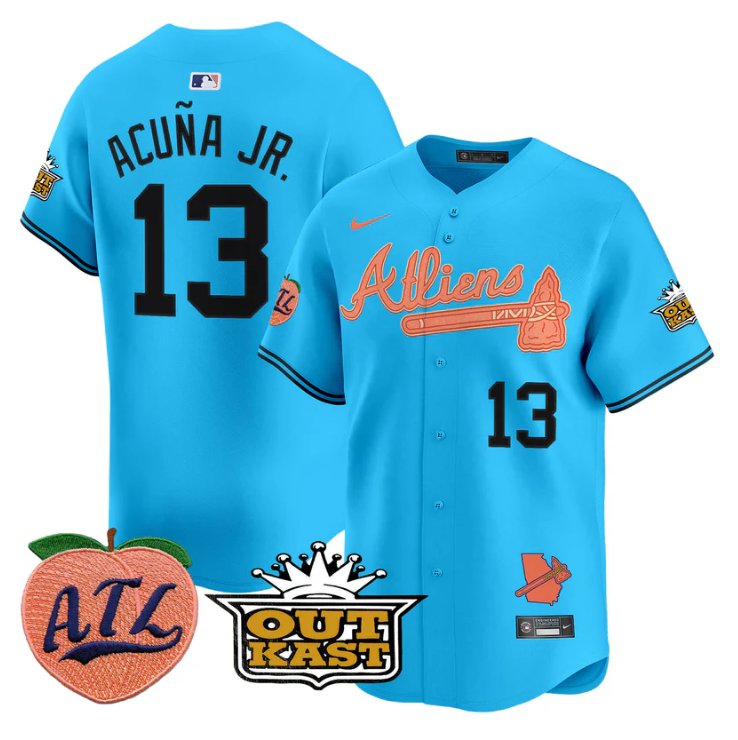 Men's Ronald Acuna Jr Jersey #13 Atlanta Braves Atliens Peach Vapor Premier Limited Stitched Light Blue