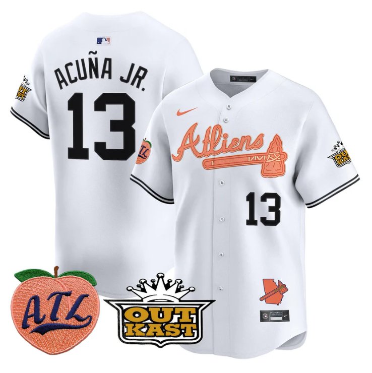 Men's Ronald Acuna Jr Jersey #13 Atlanta Braves Atliens Peach Vapor Premier Limited Stitched White