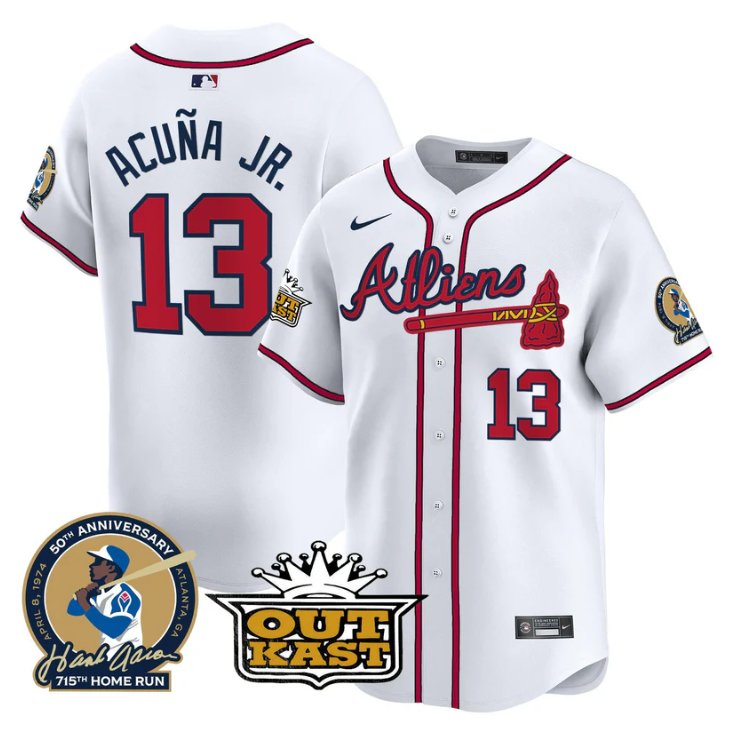Men's Ronald Acuna Jr Jersey #13 Atlanta Braves Atliens Hank Aaron Patch Limited Stitched White