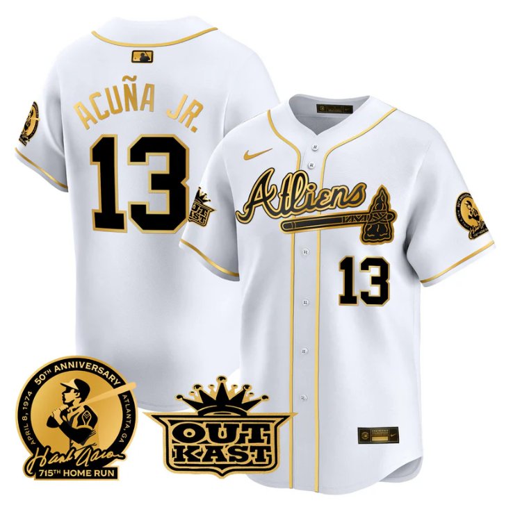 Men's Ronald Acuna Jr Jersey #13 Atlanta Braves Atliens Hank Aaron Patch Limited Stitched White Gold