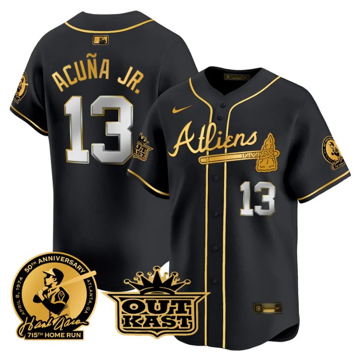 Men's Ronald Acuna Jr Jersey #13 Atlanta Braves Atliens Hank Aaron Patch Limited Stitched Black Gold