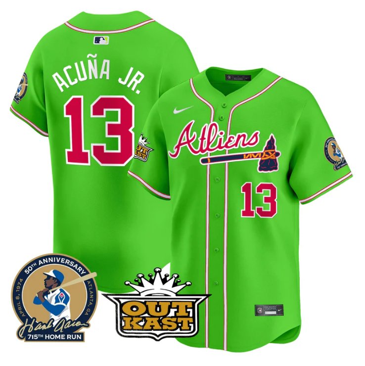 Men's Ronald Acuna Jr Jersey #13 Atlanta Braves Atliens Hank Aaron Patch Limited Stitched Bright Green