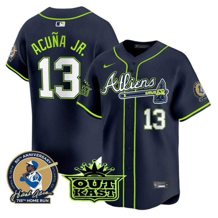 Men's Ronald Acuna Jr Jersey #13 Atlanta Braves Atliens Hank Aaron Patch Vapor Premier Limited Stitched