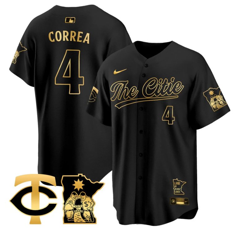 Men's Carlos Correa Jersey #4 Minnesota Twins 2025 City Connect Concept Stitched Black Gold