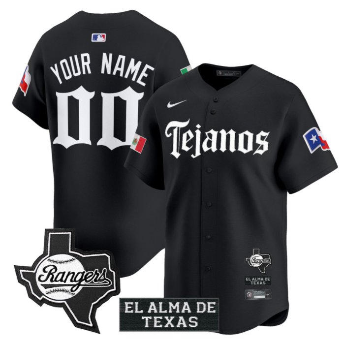 Custom Texas Rangers Jersey Mexico Tejano Barrio Style Vapor Limited Stitched Black