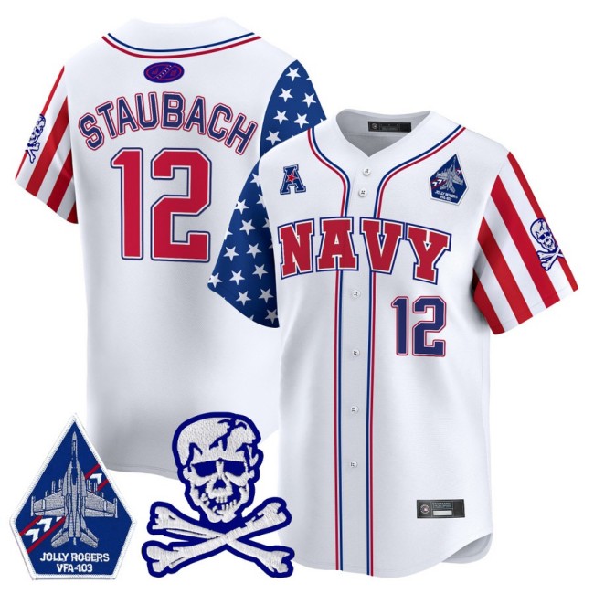 Men's Navy Midshipmen #12 Roger Staubach 2025 Independence Day White NCAA Baseball Limited Jersey - All Stitched