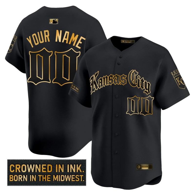 KC Royals 'Gothic Crown Edition' Custom Nike Gold MLB Baseball Limited Jersey Black - All Stitched