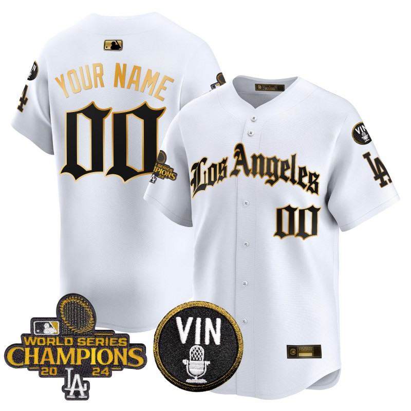 Dodgers 2025 LA Gothic Style Custom Nike Gold MLB Baseball Limited Jersey White 2024 WSC Patch - All Stitched