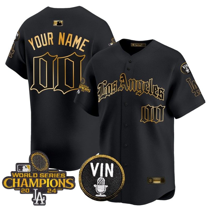Dodgers 2025 LA Gothic Style Custom Nike Gold MLB Baseball Limited Jersey Black 2024 WSC Patch - All Stitched