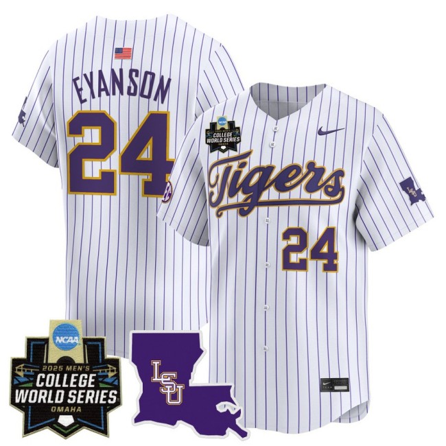 Men's LSU Tigers #24 Anthony Eyanson Nike 2025 Omaha NCAA World Series Baseball Limited Jersey White Pinstripe - All Stitched