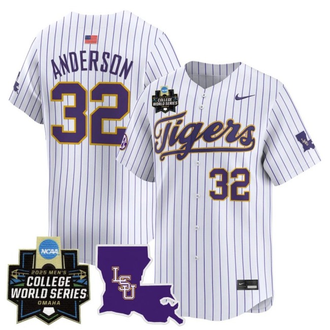 Men's LSU Tigers #32 Kade Anderson Nike 2025 Omaha NCAA World Series Baseball Limited Jersey White Pinstripe - All Stitched