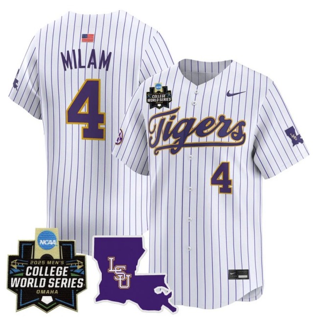 Men's LSU Tigers #4 Steven Milam Nike 2025 Omaha NCAA World Series Baseball Limited Jersey White Pinstripe - All Stitched