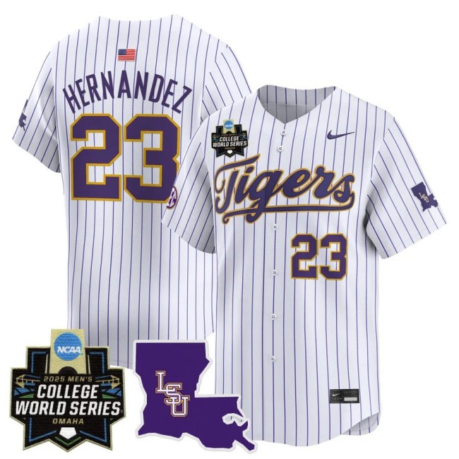Men's LSU Tigers #23 Luis Hernandez Nike 2025 Omaha NCAA World Series Baseball Limited Jersey White Pinstripe - All Stitched