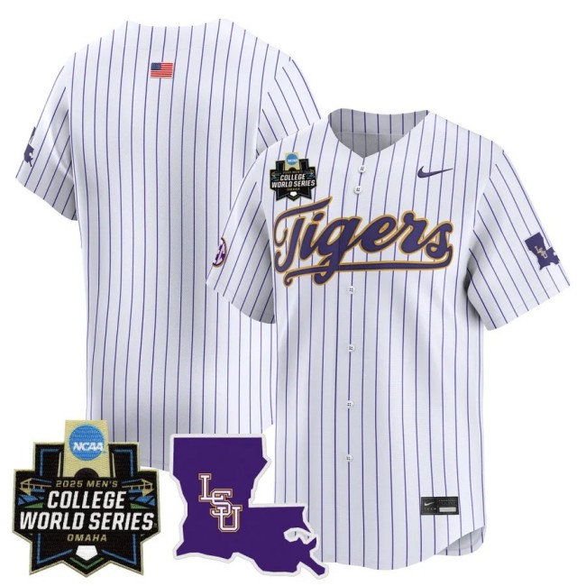 Men's LSU Tigers Baseball Team Blank Nike 2025 Omaha NCAA World Series Limited Jersey White Pinstripe - All Stitched