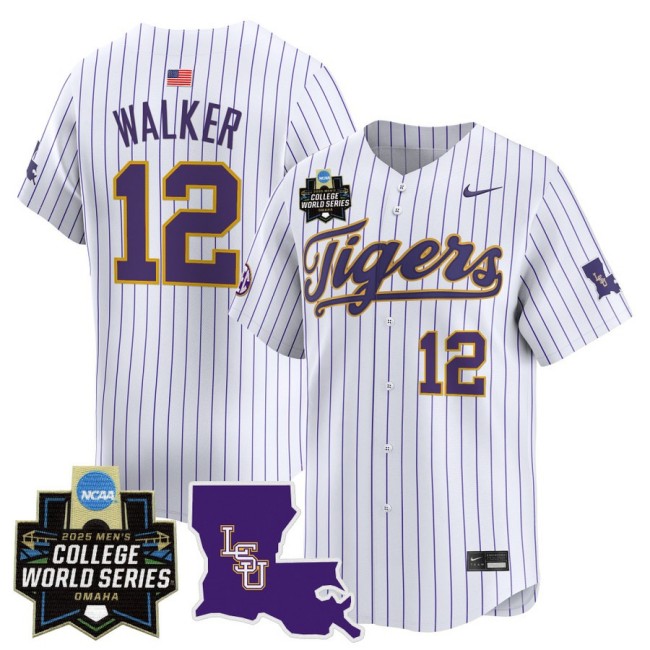 Men's LSU Tigers #12 Todd Walker Nike 2025 Omaha NCAA MCWS Baseball Limited Jersey White Pinstripe - All Stitched