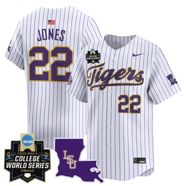 Men's LSU Tigers #22 Jared Jones Nike 2025 Omaha NCAA World Series Baseball Limited Jersey White Pinstripe - All Stitched