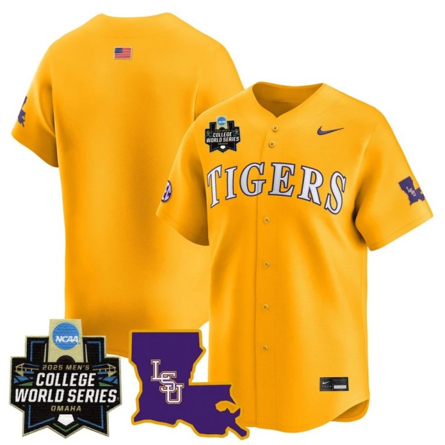 Men's LSU Tigers Nike Team Blank 2025 NCAA MCWS Baseball Limited Jersey Gold - All Stitched