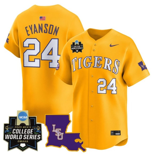 Men's LSU Tigers Nike #24 Anthony Eyanson 2025 NCAA MCWS Baseball Limited Jersey Gold - All Stitched