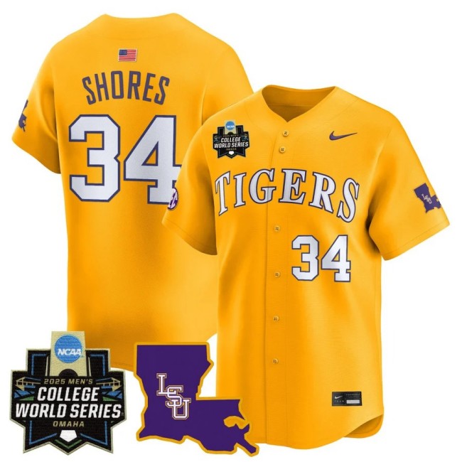Men's LSU Tigers Nike #34 Chase Shores 2025 NCAA MCWS Baseball Limited Jersey Gold - All Stitched