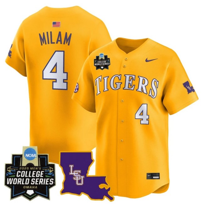 Men's LSU Tigers Nike #4 Steven Milam 2025 NCAA MCWS Baseball Limited Jersey Gold - All Stitched