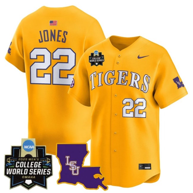 Men's LSU Tigers Nike #22 Jared Jones 2025 NCAA MCWS Baseball Limited Jersey Gold - All Stitched
