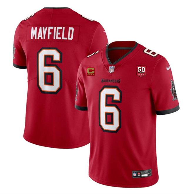 Men's Tampa Bay Buccaneers #6 Baker Mayfield Red 2025 50th Anniversary Patch And 4-Star C Patch Vapor Untouchable Limited Stitched Football Jersey