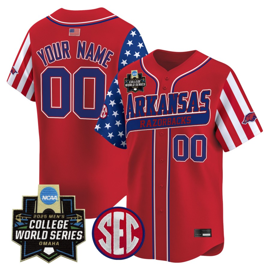 Arkansas Razorbacks Custom Red 2025 Independence Day NCAA MCWS Baseball Limited Jersey - All Stitched Arkansas Razorbacks Custom Red 2025 Independence Day NCAA MCWS Baseball Limited Jersey - All Stitched