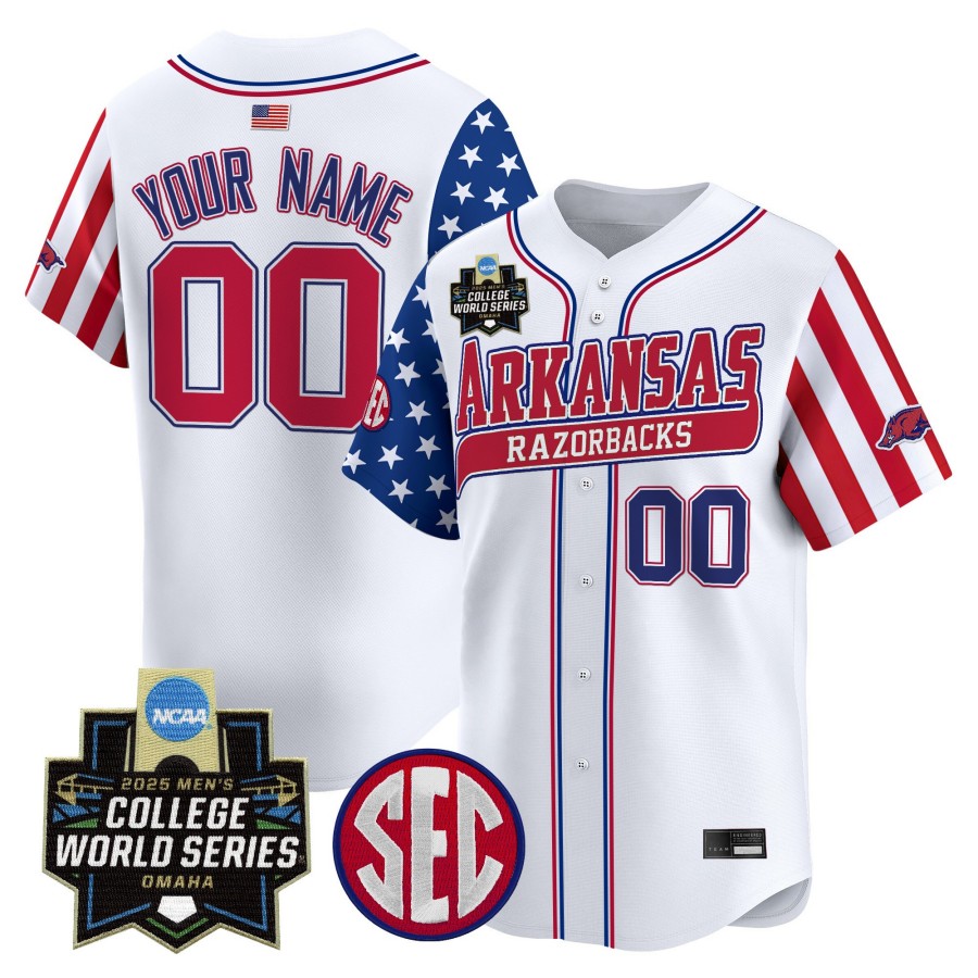 Arkansas Razorbacks Custom White 2025 Independence Day NCAA MCWS Baseball Limited Jersey - All Stitched Arkansas Razorbacks Custom White 2025 Independence Day NCAA MCWS Baseball Limited Jersey - All Stitched