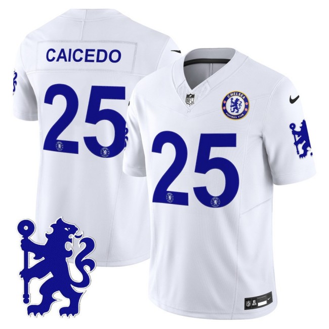 Chelsea #25 Moises Caicedo 2025 NFL Nike Vapor Limited Football Jersey White - All stitched Chelsea #25 Moises Caicedo 2025 NFL Nike Vapor Limited Football Jersey White - All stitched
