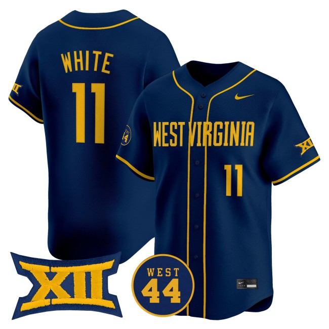 Men's West Virginia Mountaineers #11 Sam White Nike Navy 2025 Limited Stitched College Baseball Jersey - WEST 44 Patch