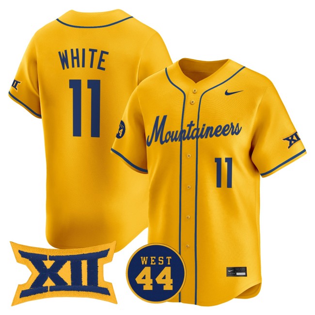 Men's West Virginia Mountaineers #11 Sam White Nike Gold 2025 Limited Stitched College Baseball Jersey - WEST 44 Patch