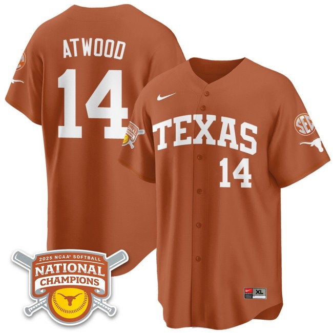 Men's Texas Longhorns #14 Reese Atwood Orange 2025 NCAA Softball National Champions Limited Stitched Jersey