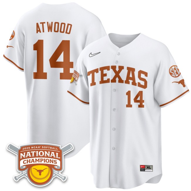 Men's Texas Longhorns #14 Reese Atwood White 2025 NCAA Softball National Champions Limited Stitched Jersey