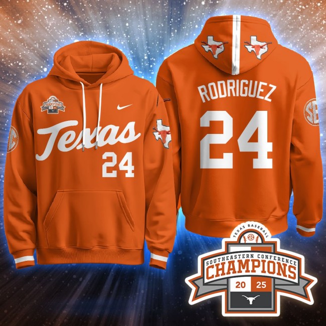 Men's Texas Baseball #24 Rodriguez Orange 2025 Southeastern Conference Champions Stitched Hoodie