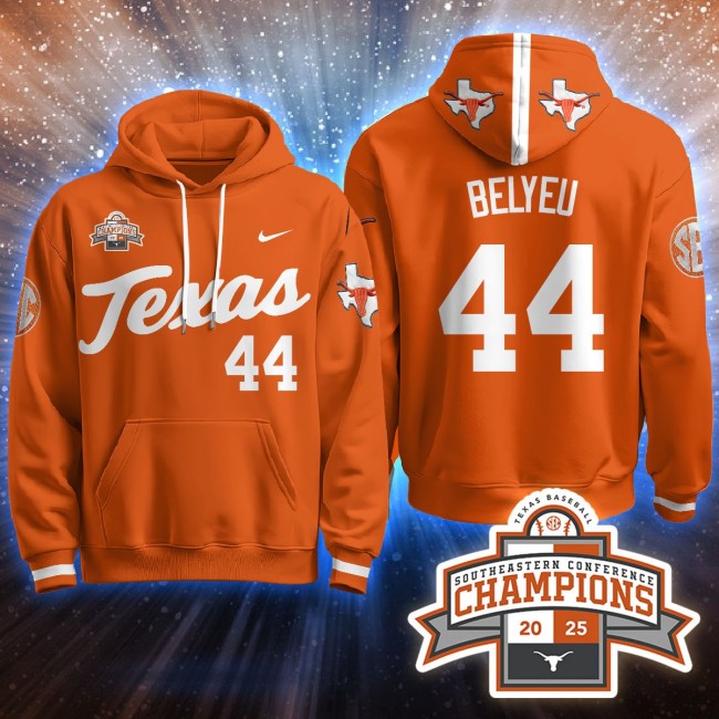 Men's Texas Baseball #44 Belyeu Orange 2025 Southeastern Conference Champions Stitched Hoodie