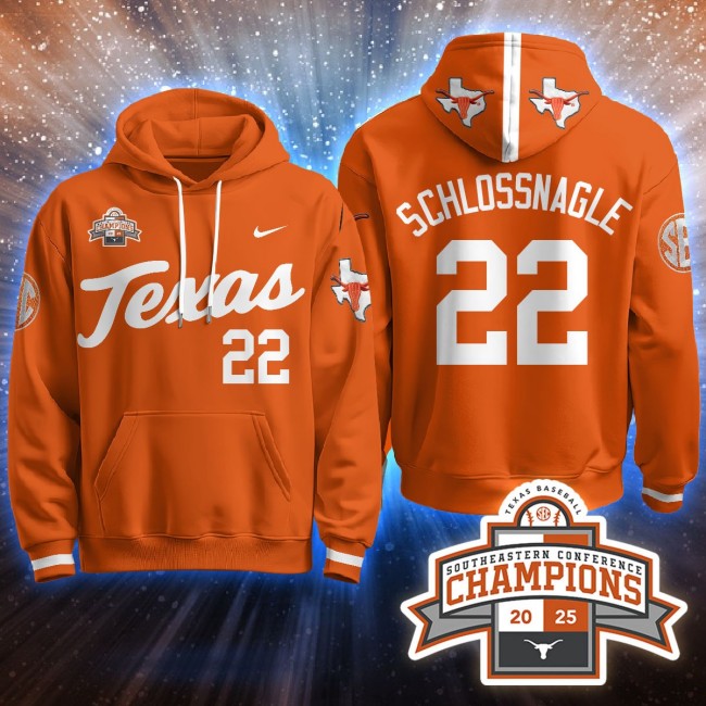 Men's Texas Baseball #22 Schlossnagle Orange 2025 Southeastern Conference Champions Stitched Hoodie