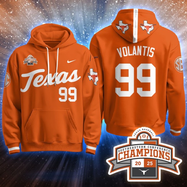 Men's Texas Baseball #99 Volantis Orange 2025 Southeastern Conference Champions Stitched Hoodie
