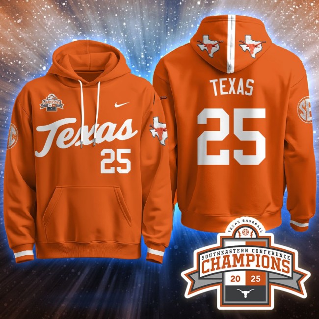 Men's Texas Baseball #25 Texas Orange 2025 Southeastern Conference Champions Stitched Hoodie