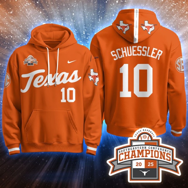 Men's Texas Baseball #10 Schuessler Orange 2025 Southeastern Conference Champions Stitched Hoodie